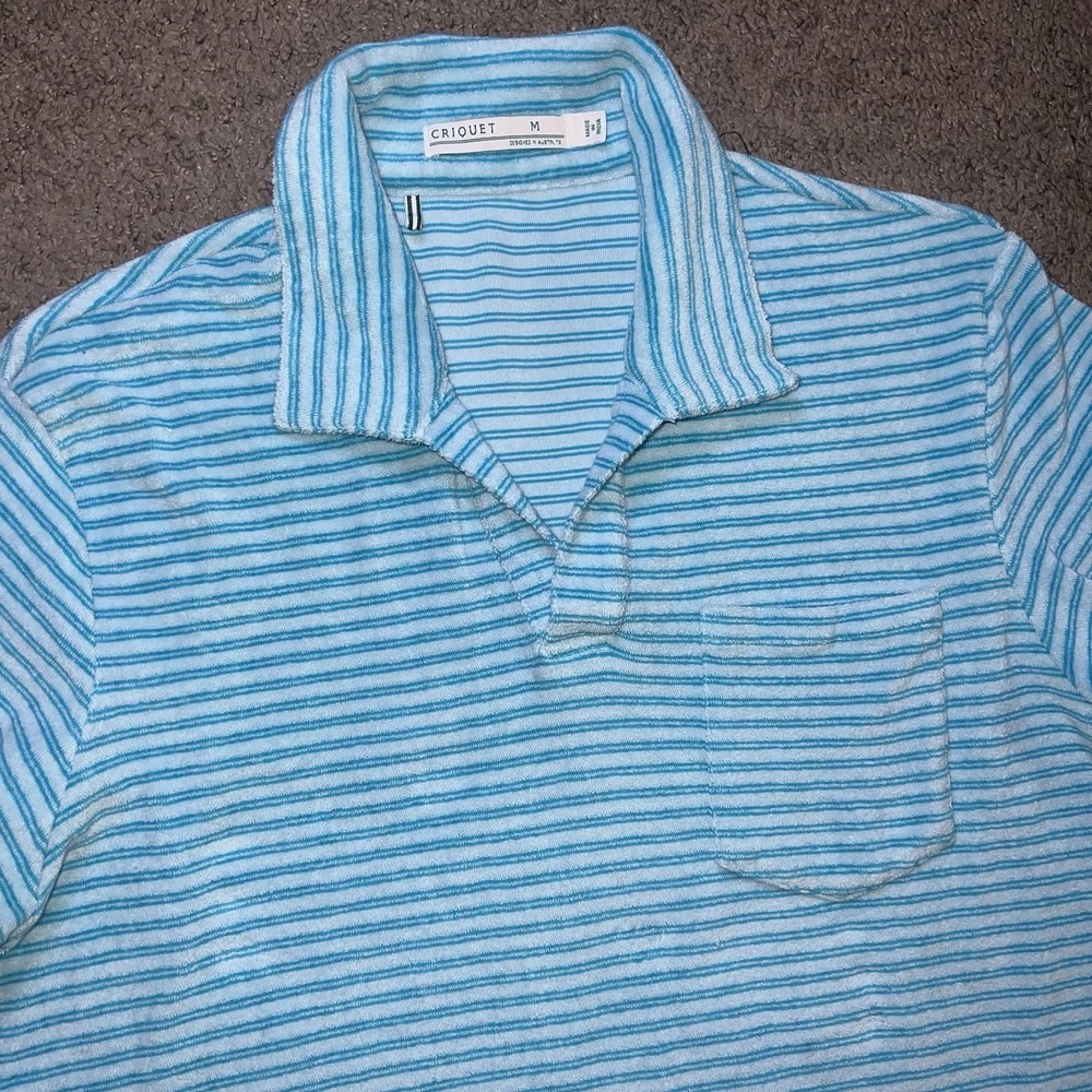 Criquet Terry Cloth Polo Shirt Mens M Blue Stripe Pullover Pocket Short Sleeve